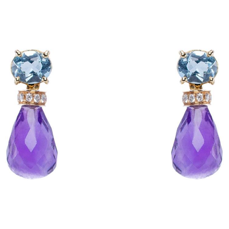 4 Karat Aquamarine 18 Karat Gold Amethyst White Diamonds Dangle Earrings