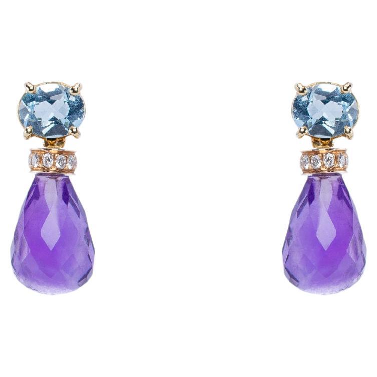 4 Karat Aquamarin 18 Karat Gold Amethyst Weiße Diamanten Ohrhänger