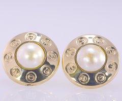 14 Karat Yellow Gold Mabe Pearl Earrings, Omega Backs and Posts, 12.9 Grams
