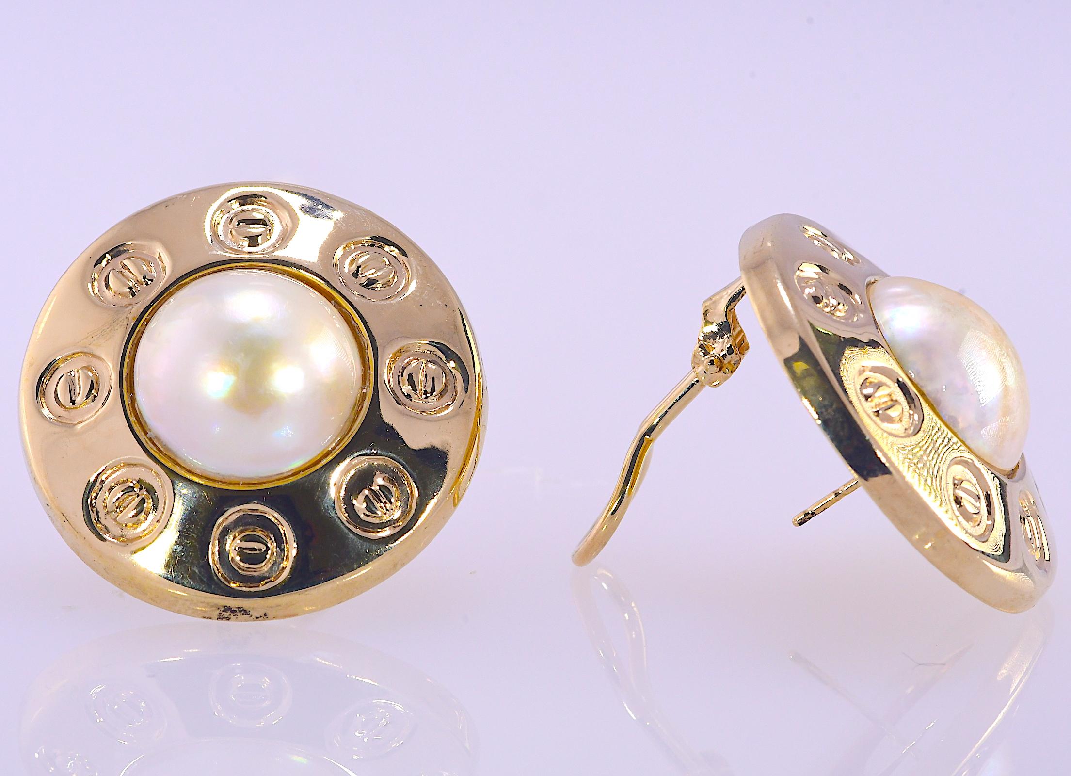 Modern 14 Karat Yellow Gold Mabe Pearl Earrings, Omega Backs and Posts, 12.9 Grams For Sale