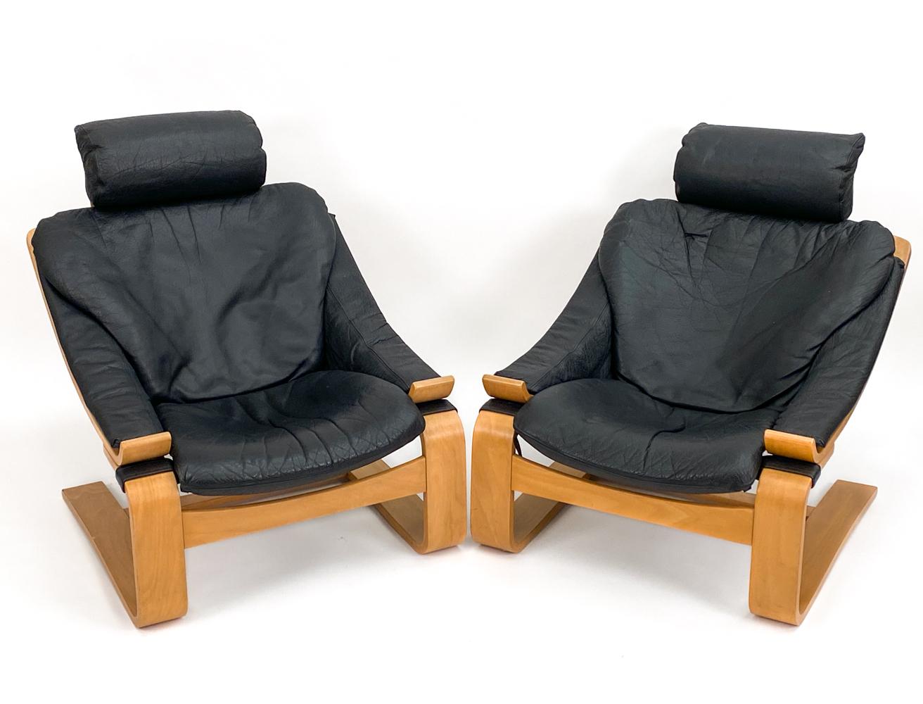 '4' Kroken Buffalo Leather Lounge Chairs by Åke Fribytter for Nelo Sweden, 1970s In Good Condition For Sale In Norwalk, CT