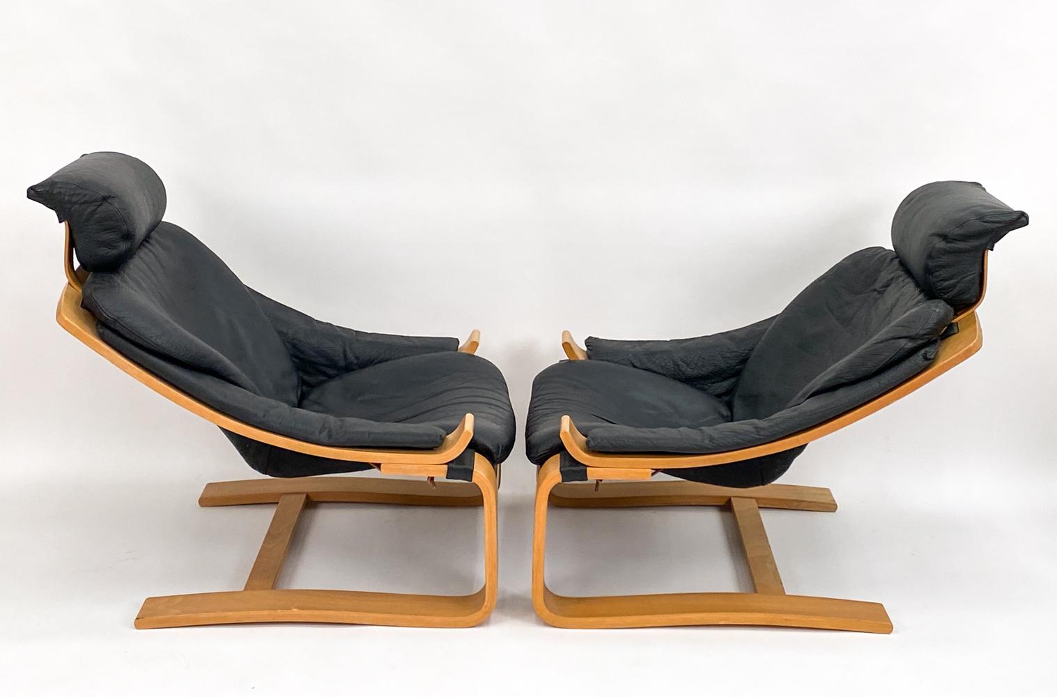 Beech '4' Kroken Buffalo Leather Lounge Chairs by Åke Fribytter for Nelo Sweden, 1970s