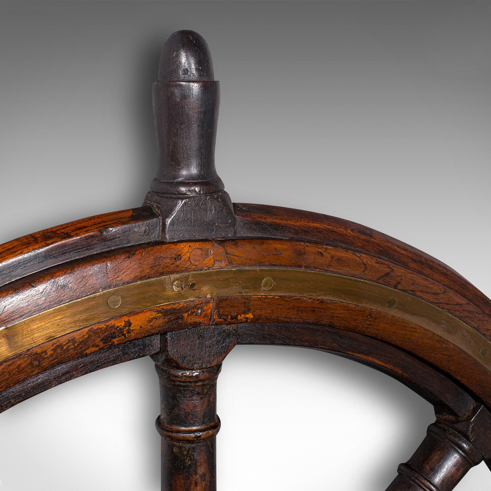 Brass 4' Large Antique Ship's Wheel, English, Oak, Decorative Maritime Helm, Victorian For Sale