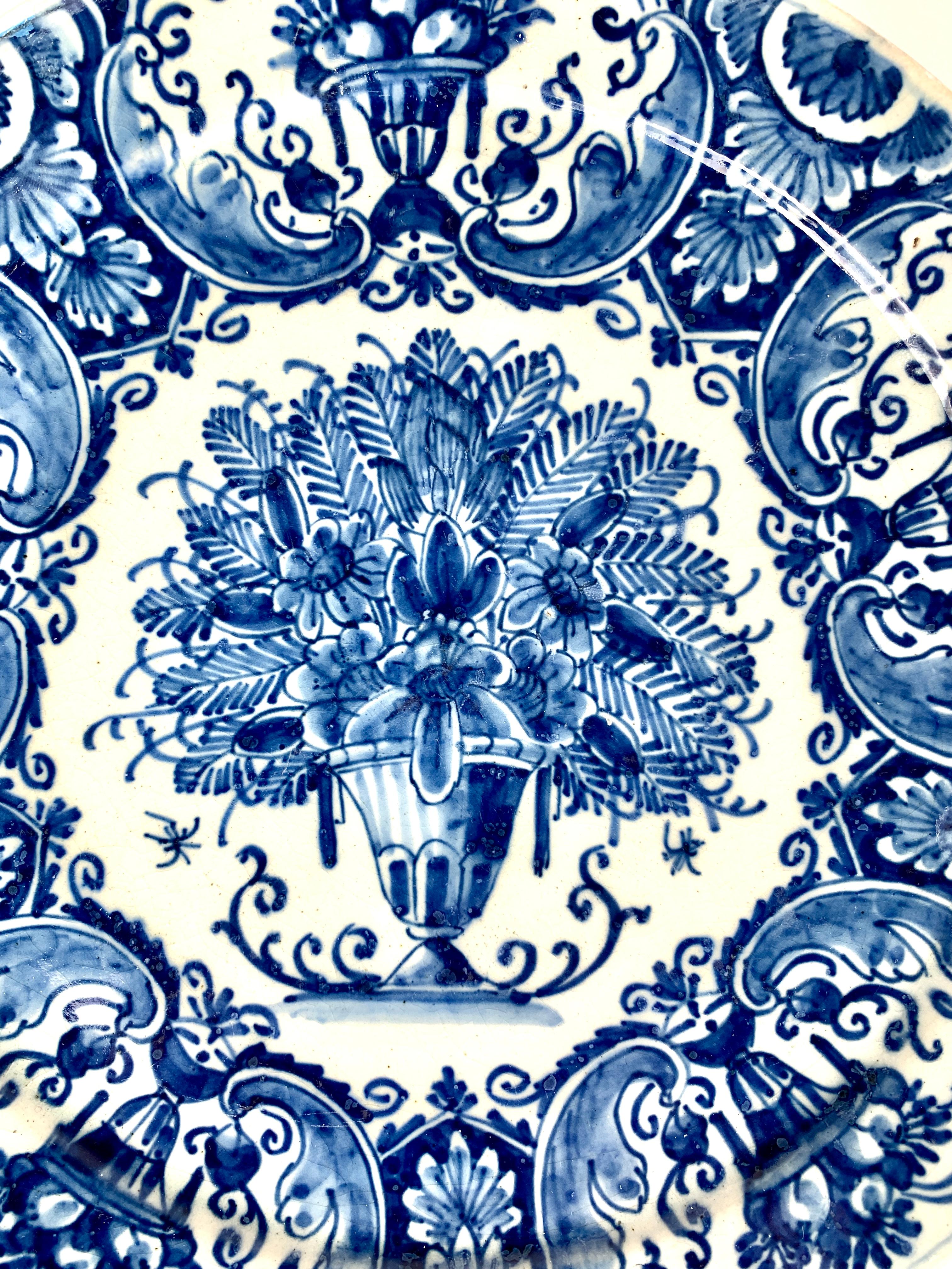 Rococo 4 Large Blue and White Dutch Delft Plates Hand Painted, 18th Century, Circa 1770