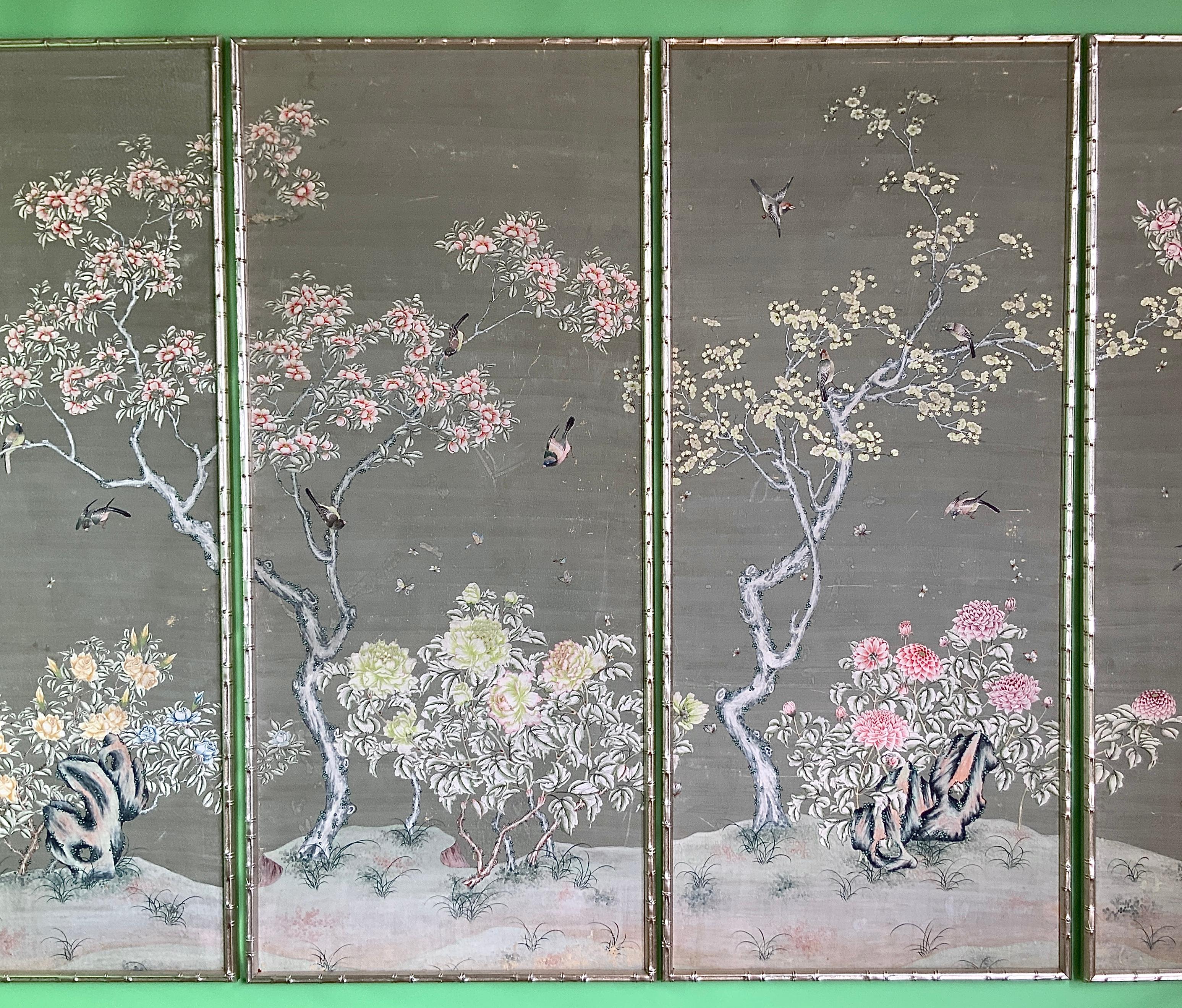 A set of 4 vintage large hand-painted framed Gracie wall panels. These vintage panels are unique in the sense that they are not only wide but tall as well. These panels would nicely cover an entire wall. Each panel is 36 3/4” wide x  84” tall. 