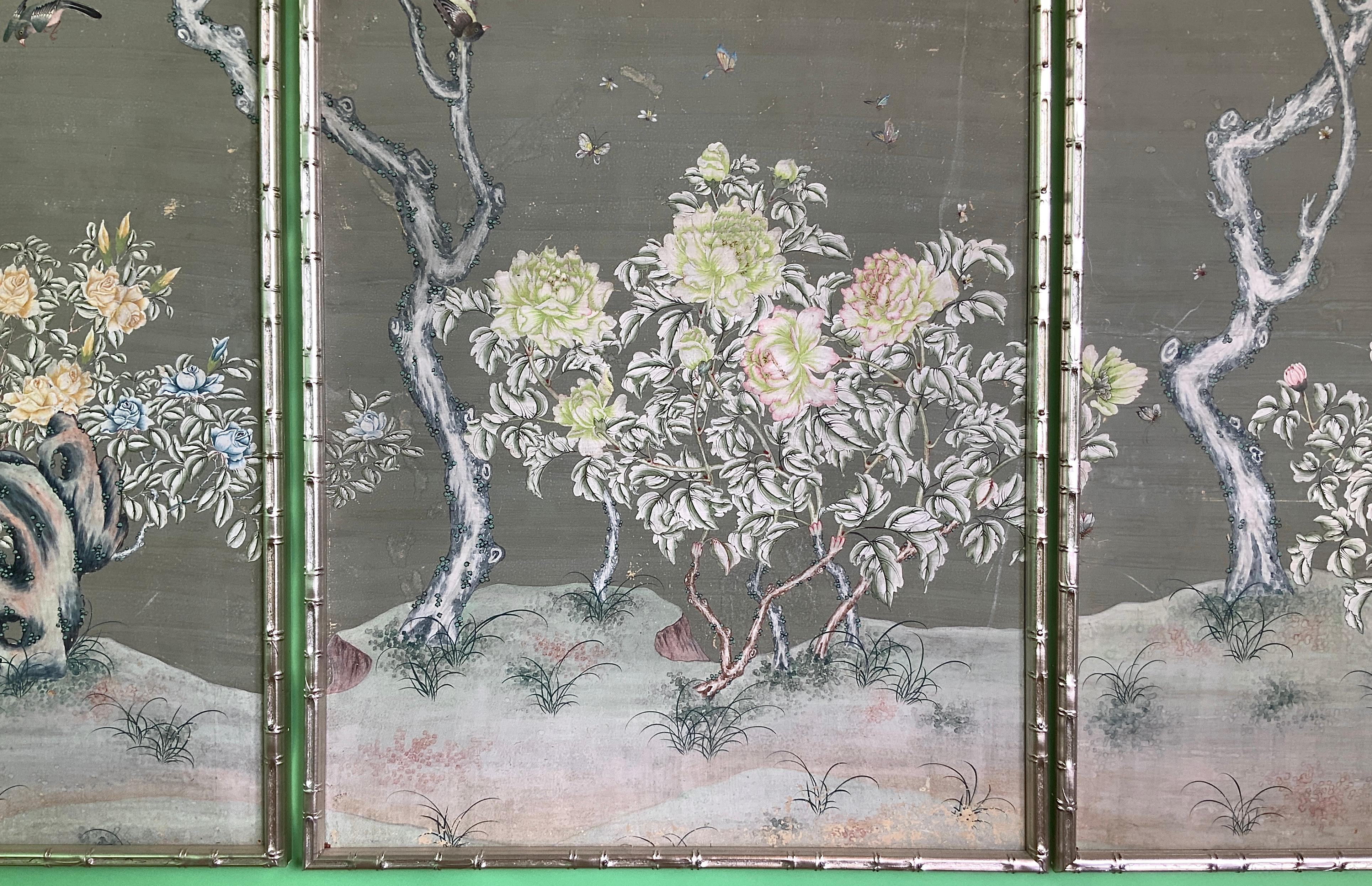 American 4 Large Hand-Painted Chinoiserie Gracie Wall Screen Panels For Sale