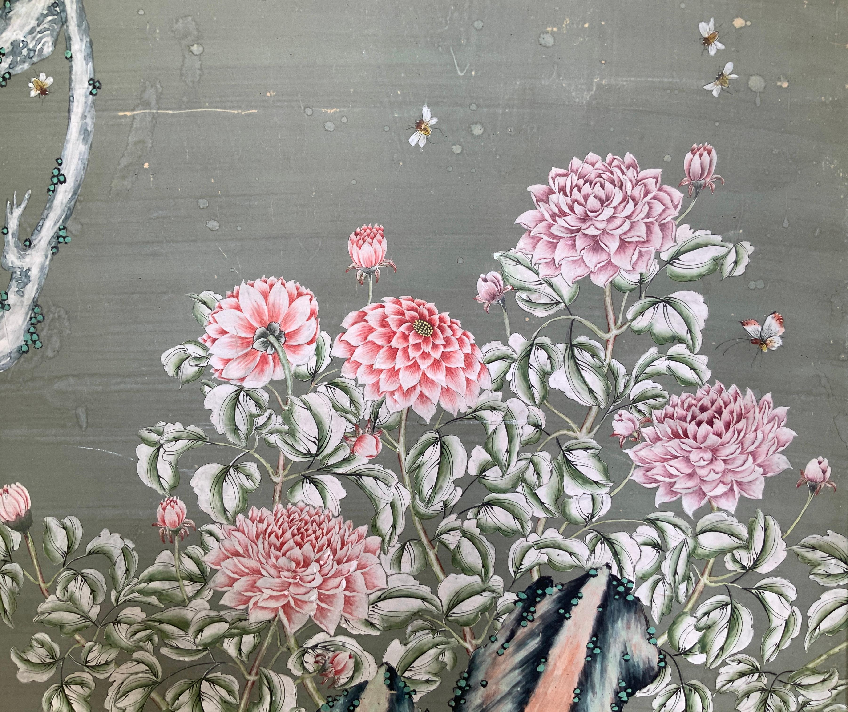 4 große handbemalte Chinoiserie Gracie-Wandschirmtafeln (Mitte des 20. Jahrhunderts) im Angebot