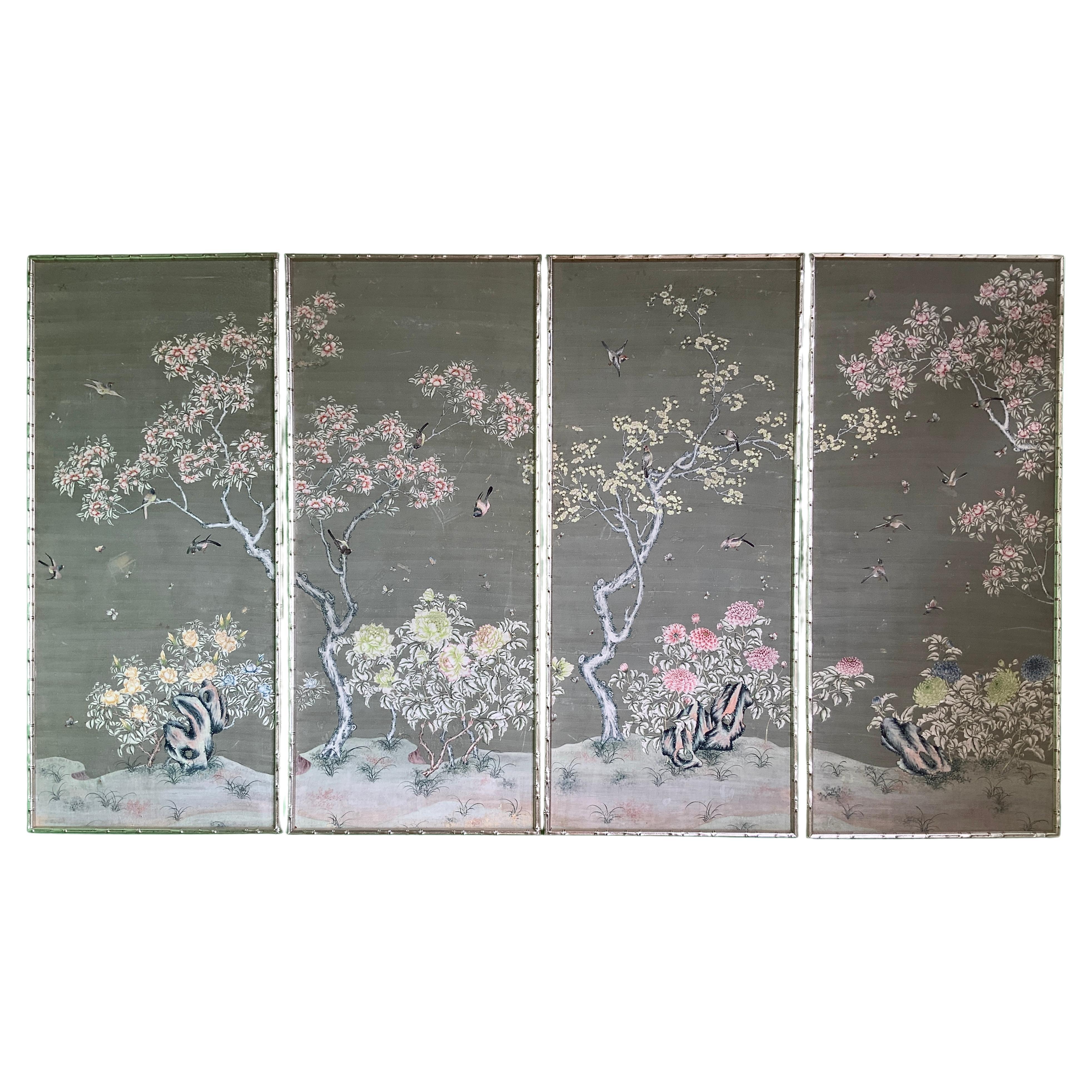 4 Large Hand-Painted Chinoiserie Gracie Wall Screen Panels For Sale