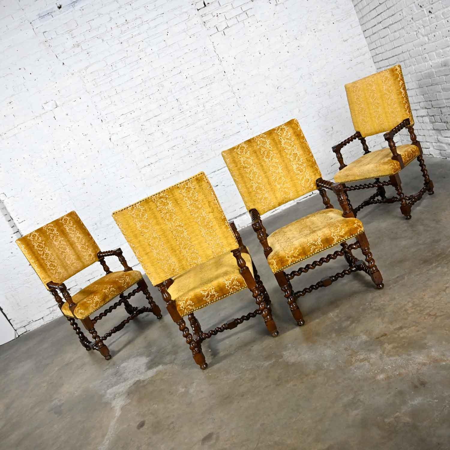 4 Large Henredon Jacobean Style Armed Dining Chairs Barley Twist Gold Chenille 2