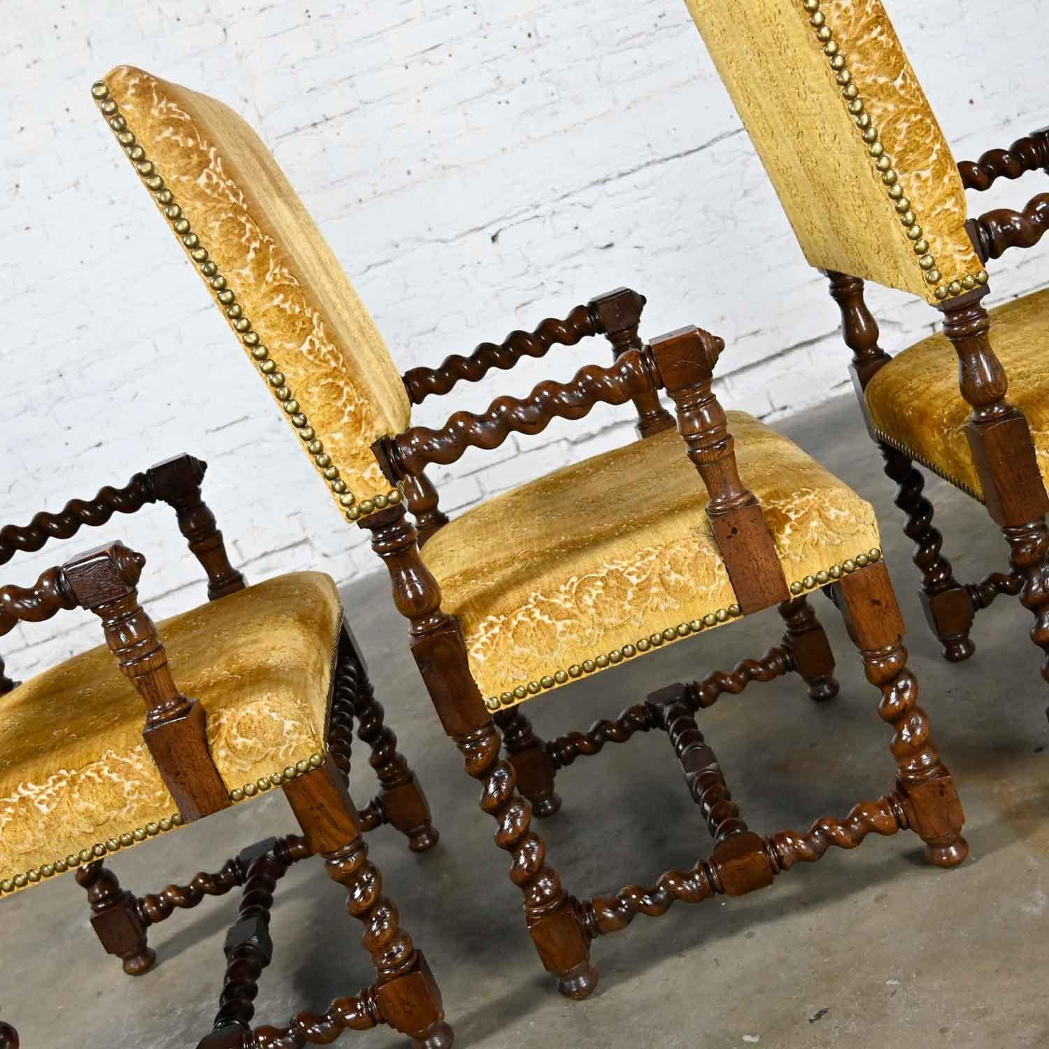4 Large Henredon Jacobean Style Armed Dining Chairs Barley Twist Gold Chenille 3