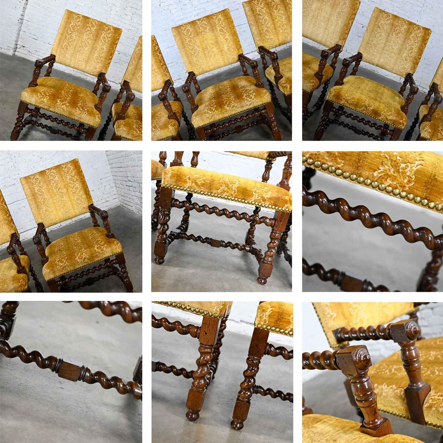 4 Large Henredon Jacobean Style Armed Dining Chairs Barley Twist Gold Chenille For Sale 5