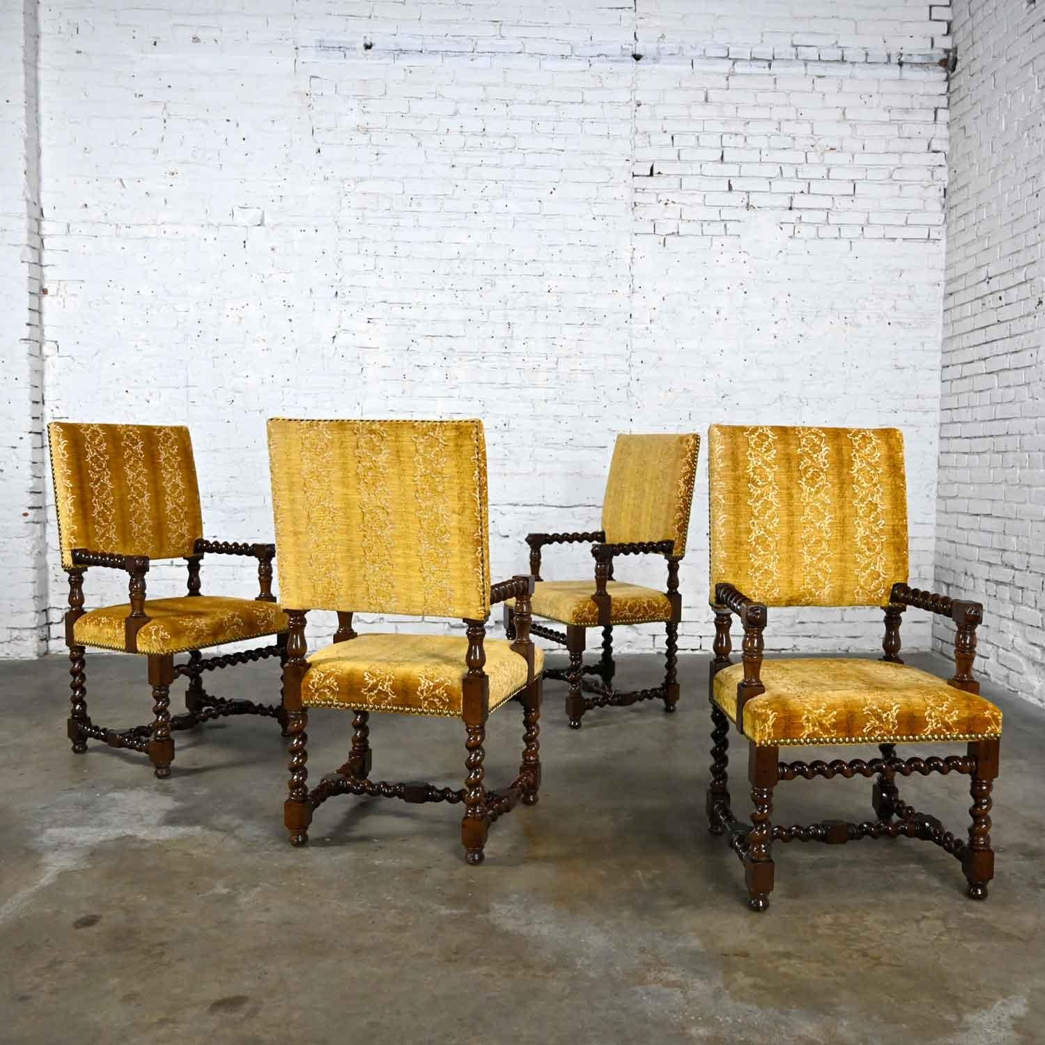 4 Large Henredon Jacobean Style Armed Dining Chairs Barley Twist Gold Chenille 10