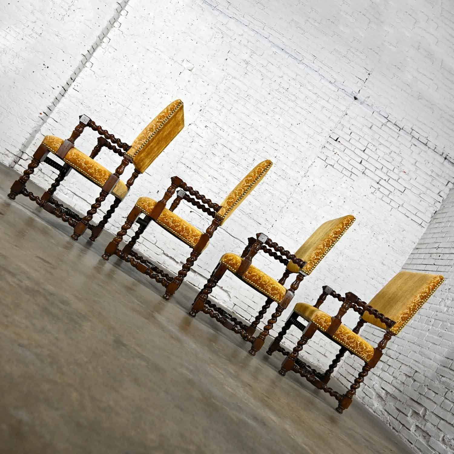 American 4 Large Henredon Jacobean Style Armed Dining Chairs Barley Twist Gold Chenille