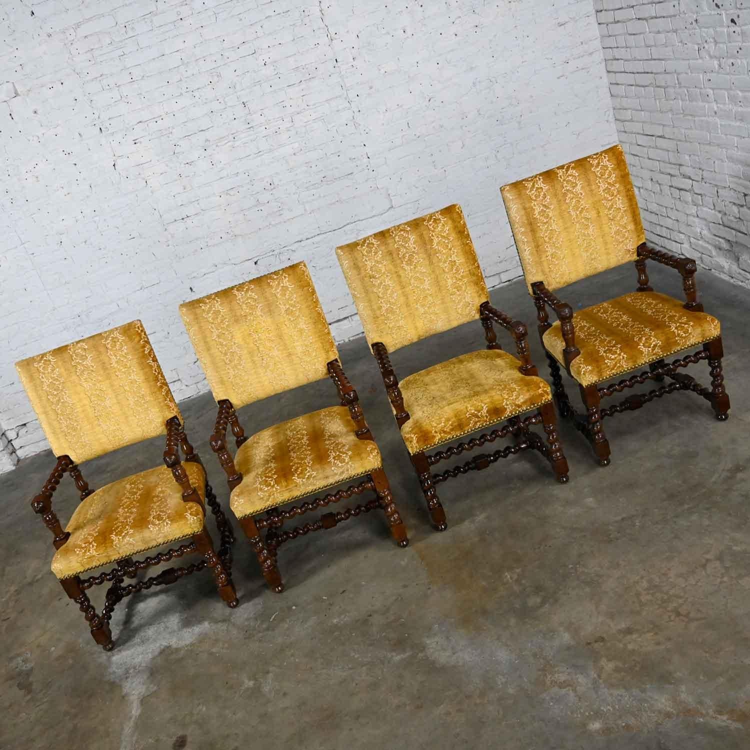 4 Large Henredon Jacobean Style Armed Dining Chairs Barley Twist Gold Chenille In Good Condition For Sale In Topeka, KS