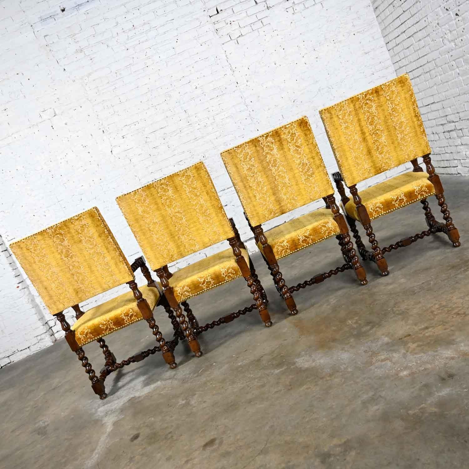 20th Century 4 Large Henredon Jacobean Style Armed Dining Chairs Barley Twist Gold Chenille For Sale