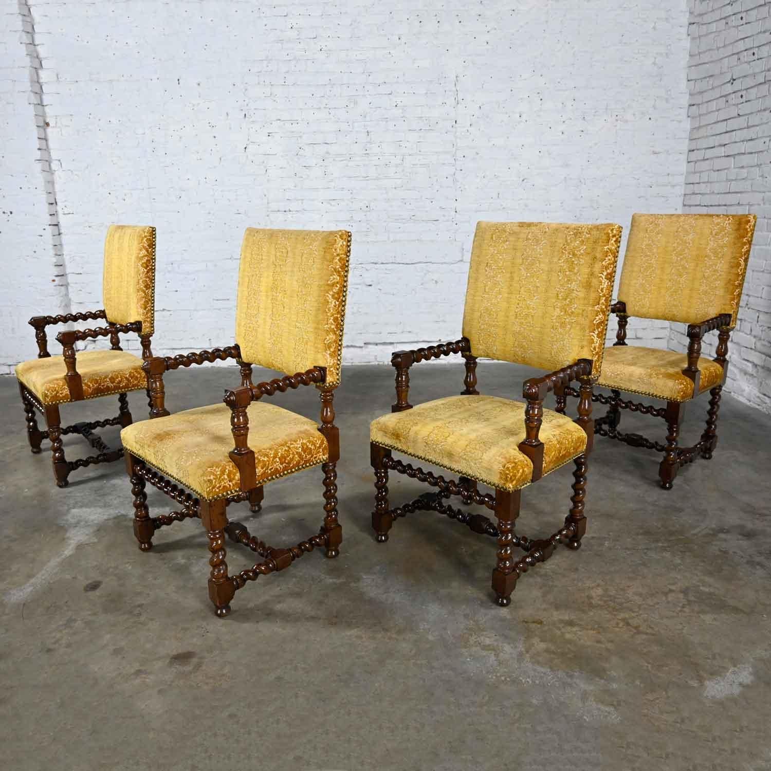 4 Large Henredon Jacobean Style Armed Dining Chairs Barley Twist Gold Chenille 1