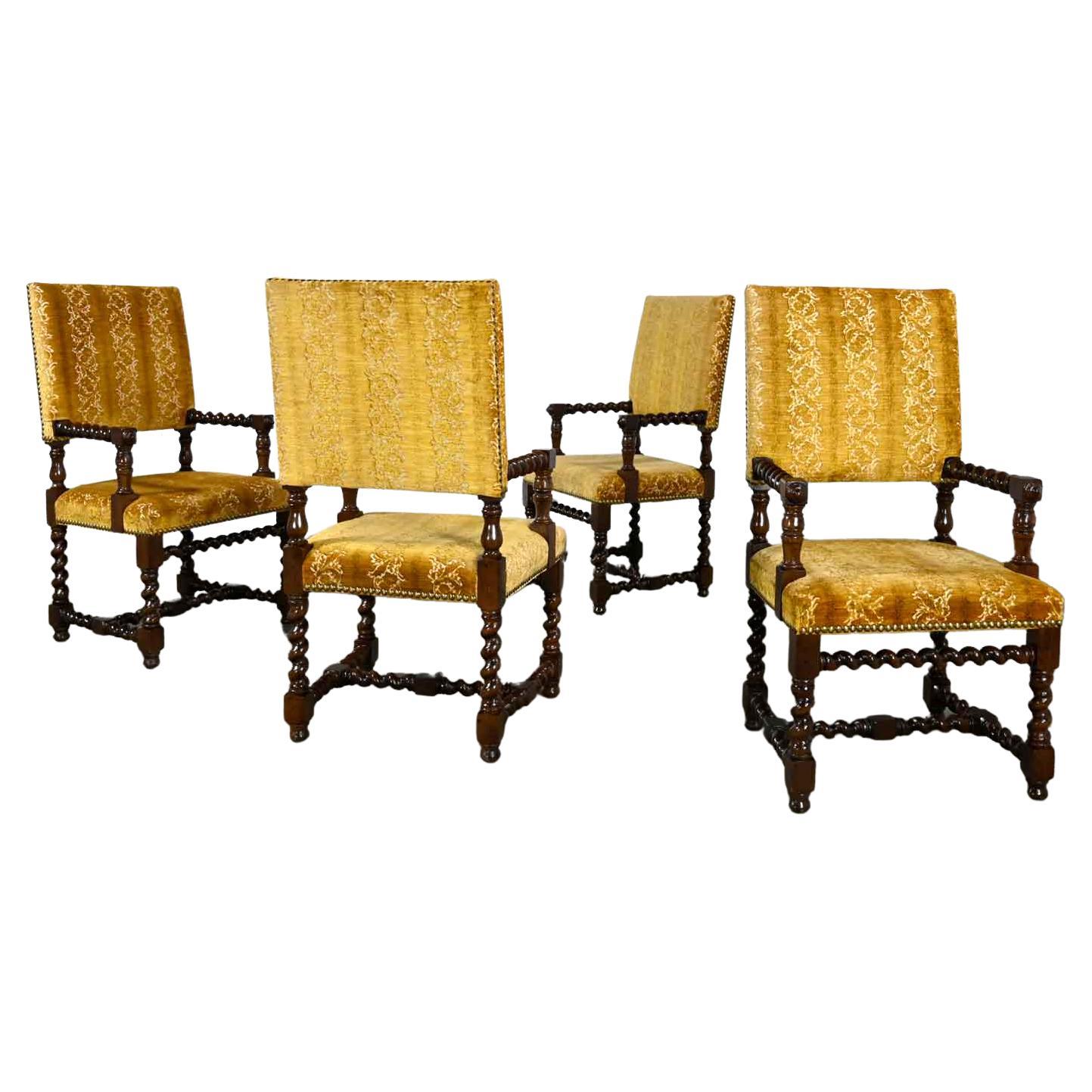 4 Large Henredon Jacobean Style Armed Dining Chairs Barley Twist Gold Chenille For Sale