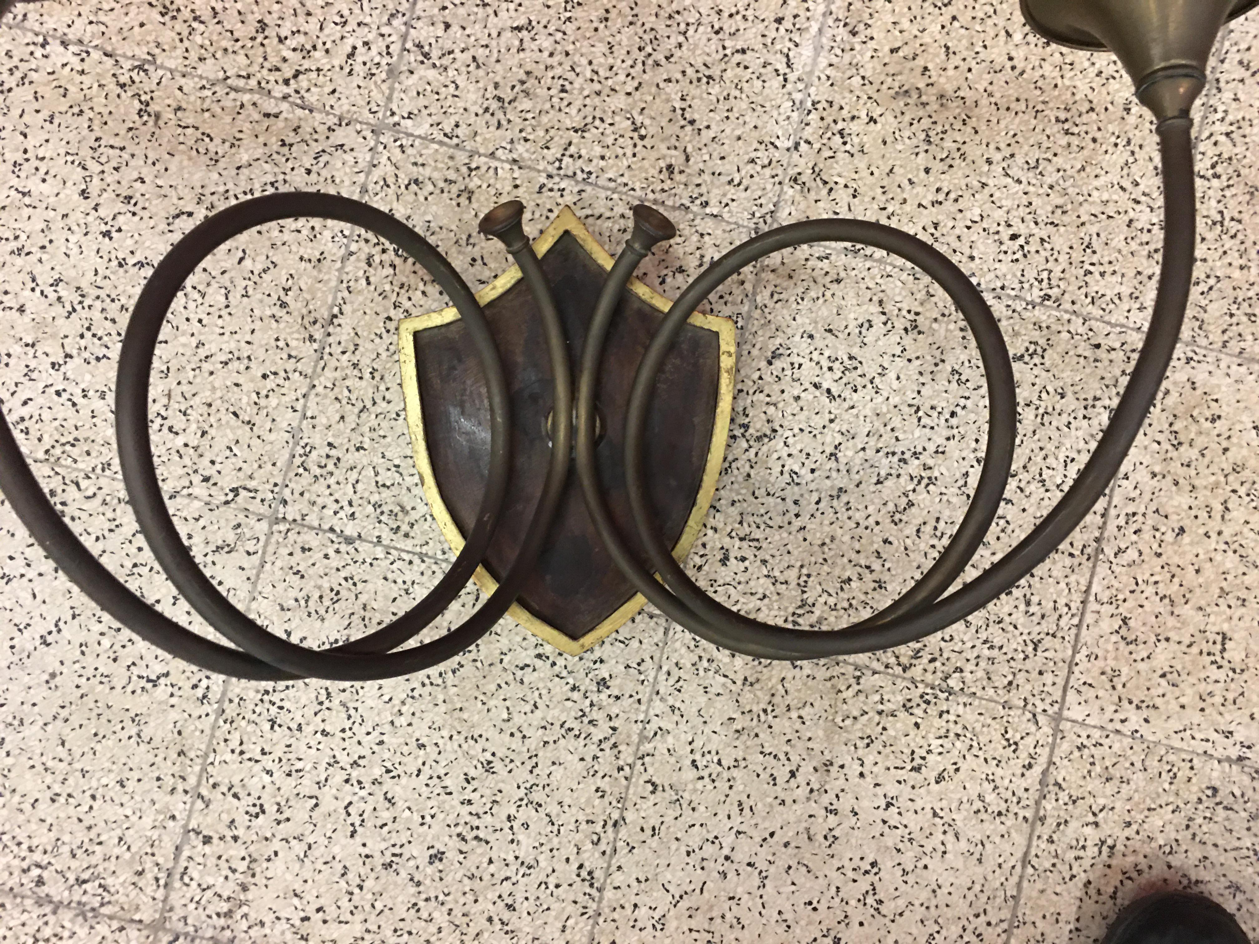 4 Large Neoclassic Art Deco Sconces with Hunting Horn Decor, in Bronze and Maho For Sale 5