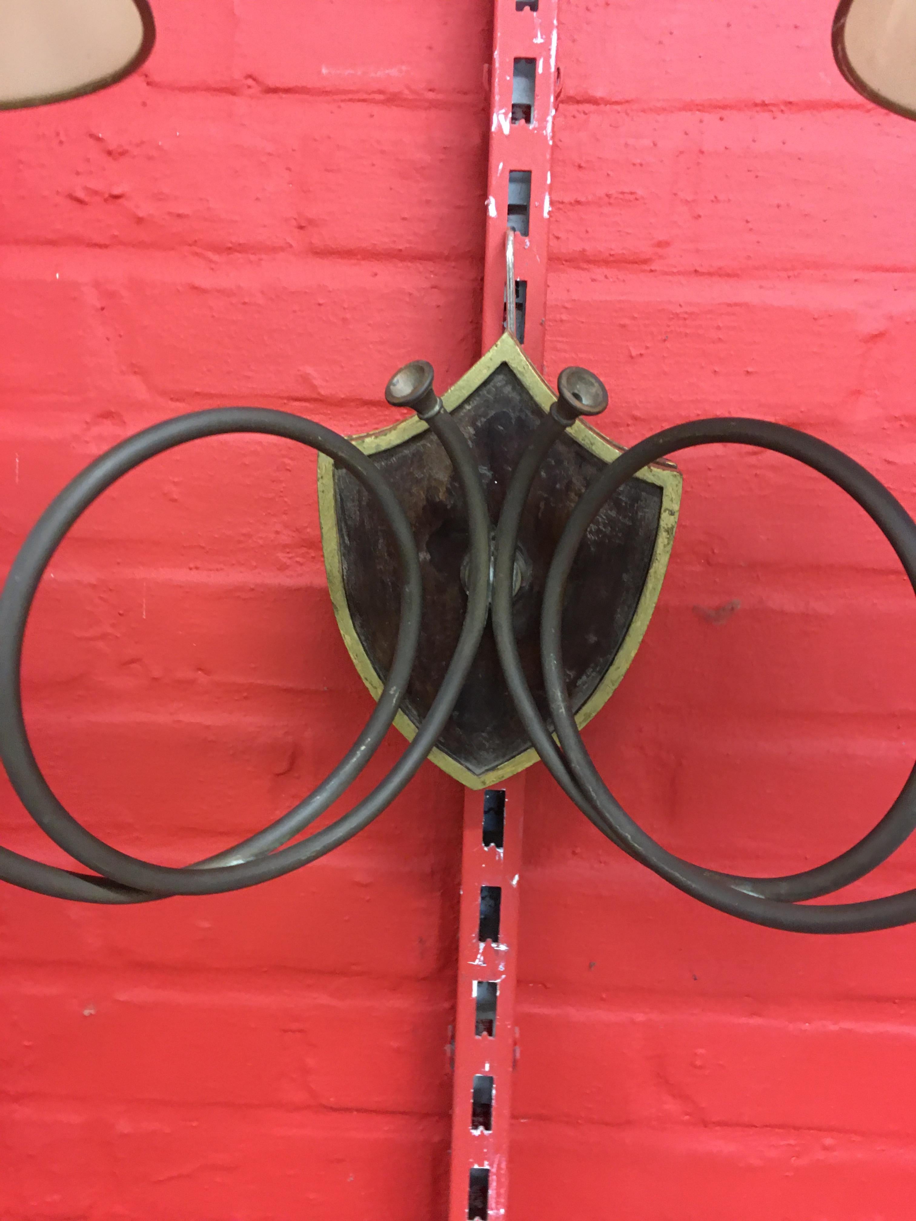 French 4 Large Neoclassic Art Deco Sconces with Hunting Horn Decor,  Bronze and walnut For Sale