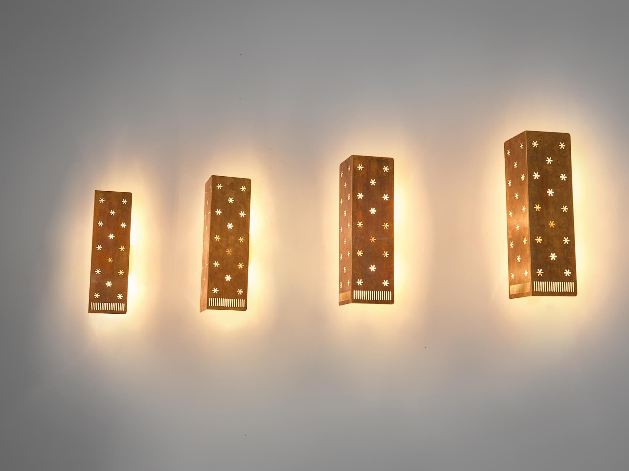 Scandinavian Modern 4 Large Paavo Tynell Wall Lamps for Idman, Perforated Brass, Finland, 1953