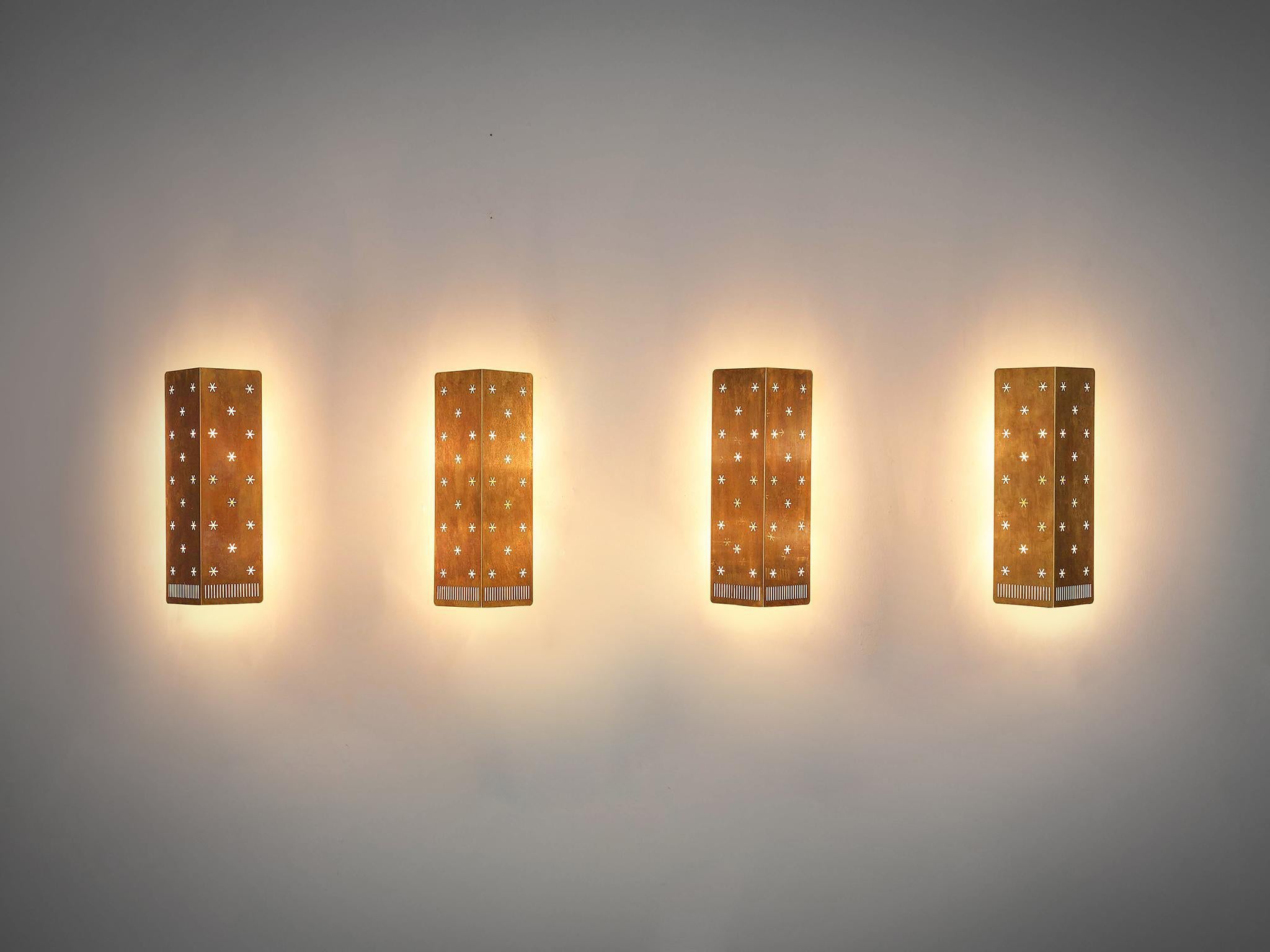 Finnish 4 Large Paavo Tynell Wall Lamps for Idman, Perforated Brass, Finland, 1953