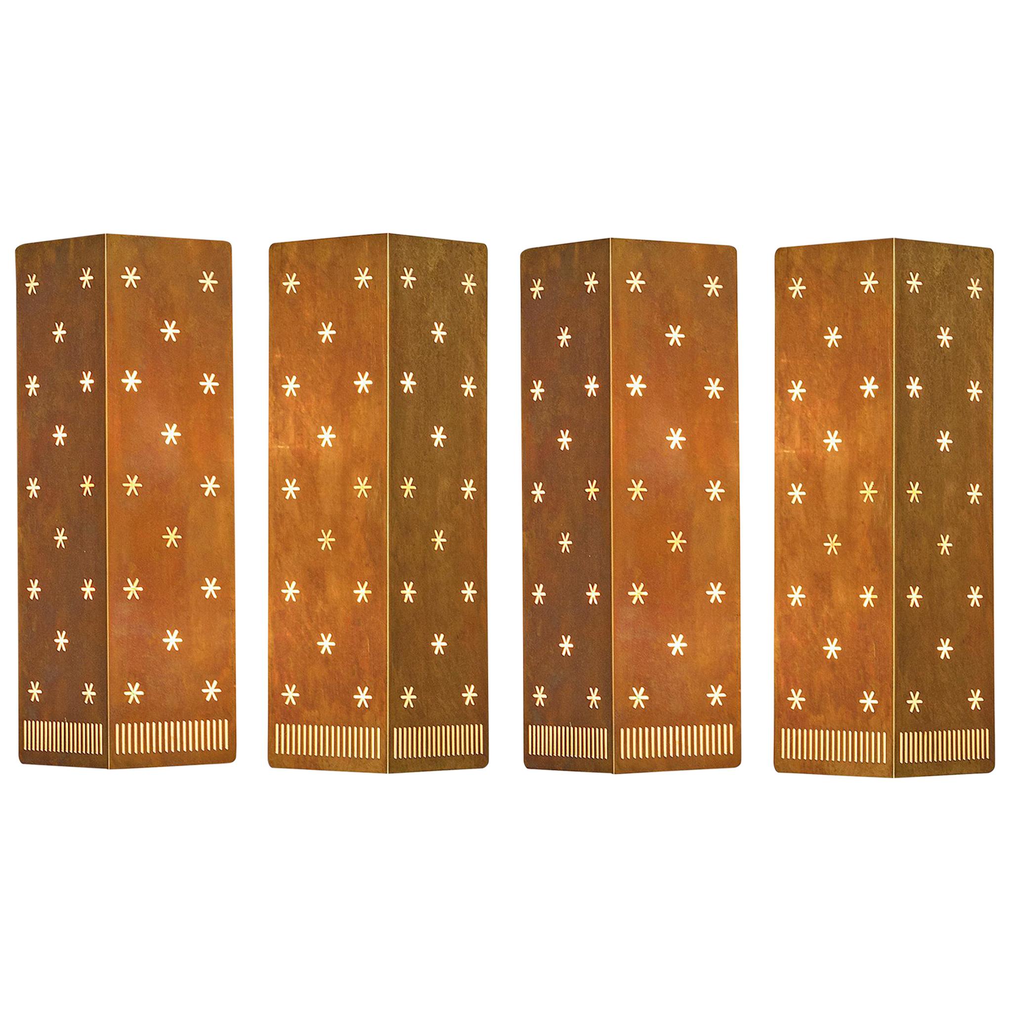 4 Large Paavo Tynell Wall Lamps for Idman, Perforated Brass, Finland, 1953