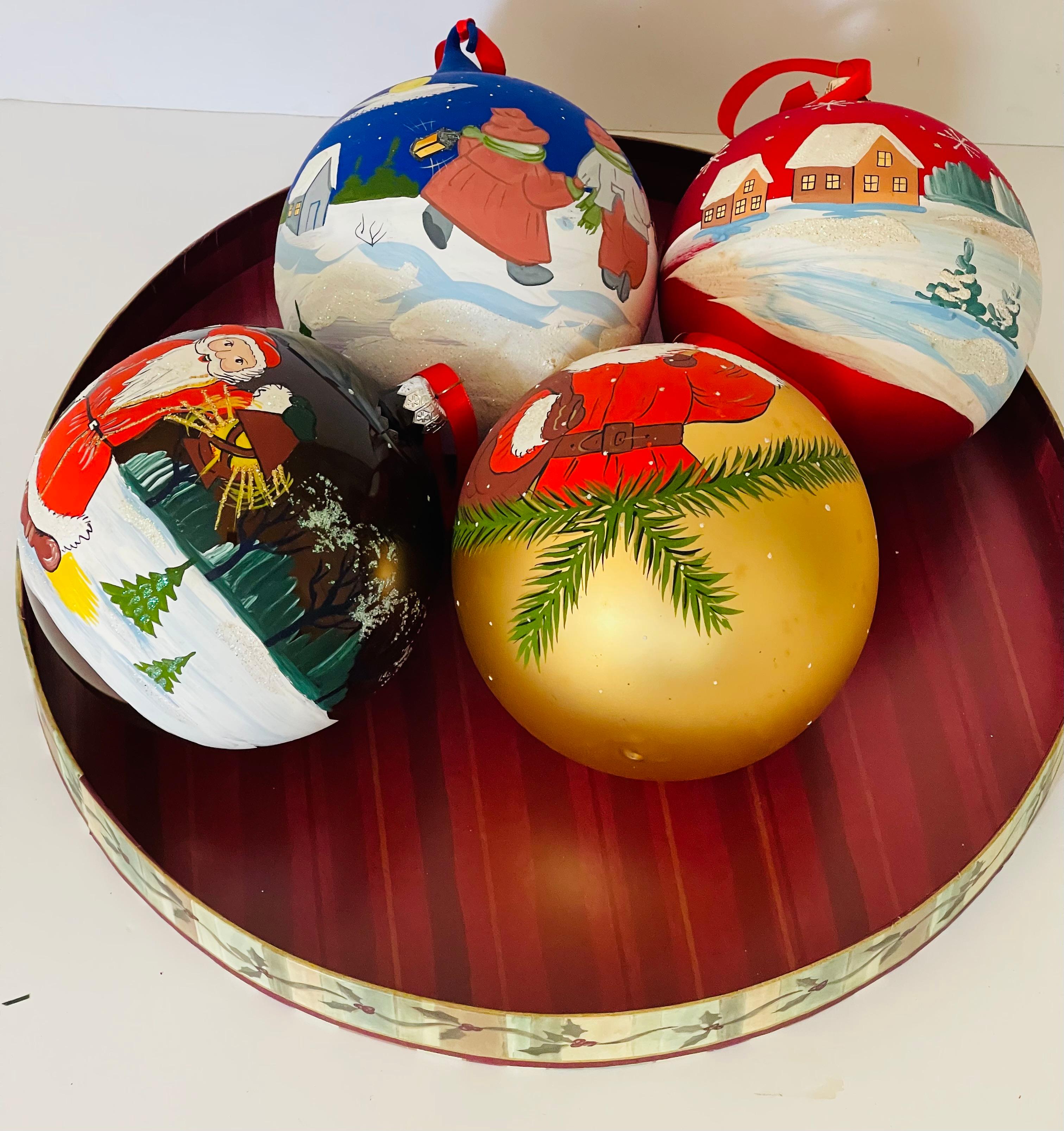 4 Grandes Bolas de Navidad Jumbo de Cristal Europeas Vintage Pintadas a Mano Alemán en venta