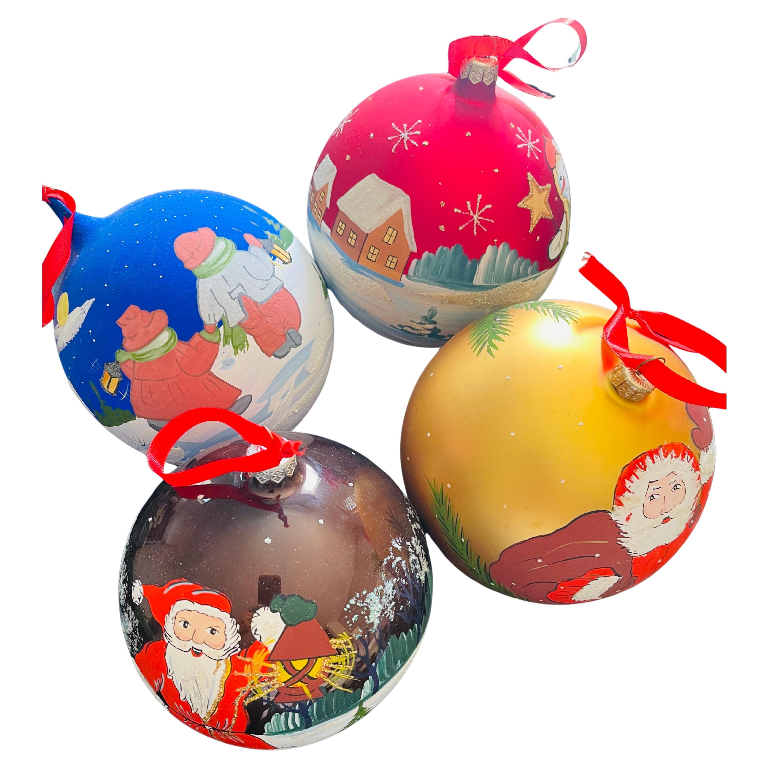 4 Large Vintage European Glass Jumbo Christmas Balls Handpainted