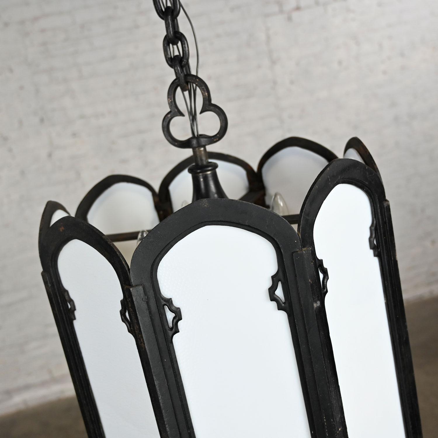 Large Vintage Gothic or Art Deco Black Wrought Iron & White Milk Glass Lights For Sale 5