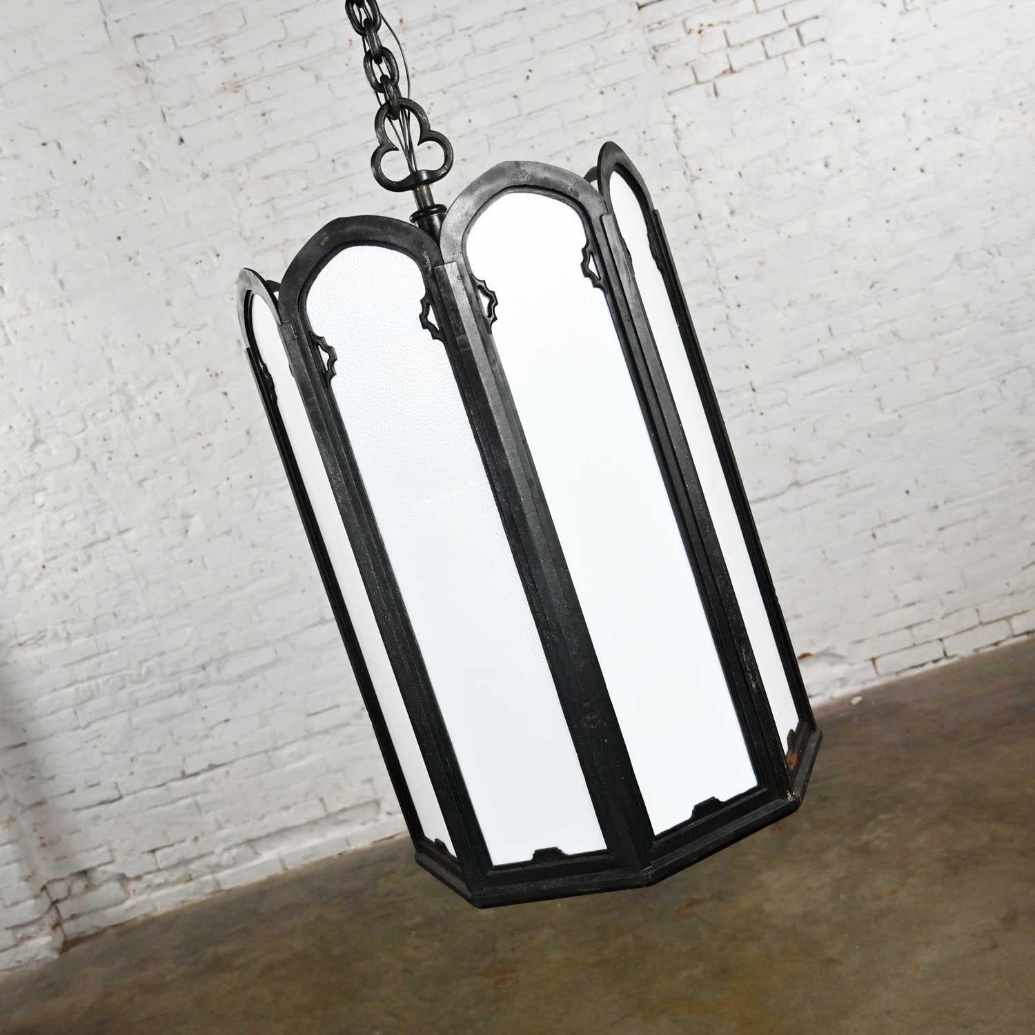 Large Vintage Gothic or Art Deco Black Wrought Iron & White Milk Glass Lights For Sale 12