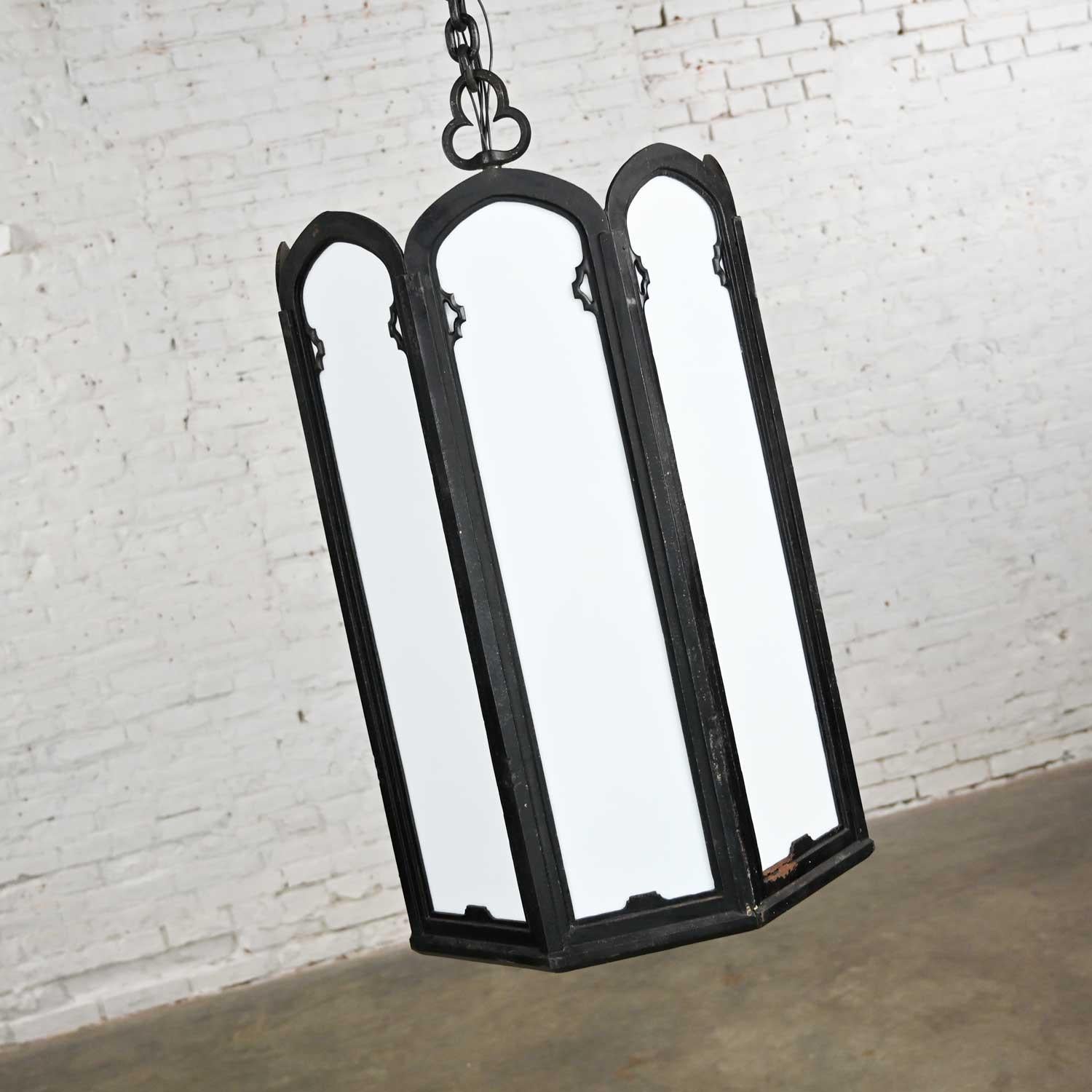 Wonderful large vintage gothic or Art Deco black painted wrought iron & white milk glass light fixtures. 3 total selling separately. Beautiful condition, keeping in mind that these are vintage and not new so will have signs of use and wear. The