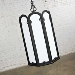 Large Vintage Gothic or Art Deco Black Wrought Iron & White Milk Glass Lights