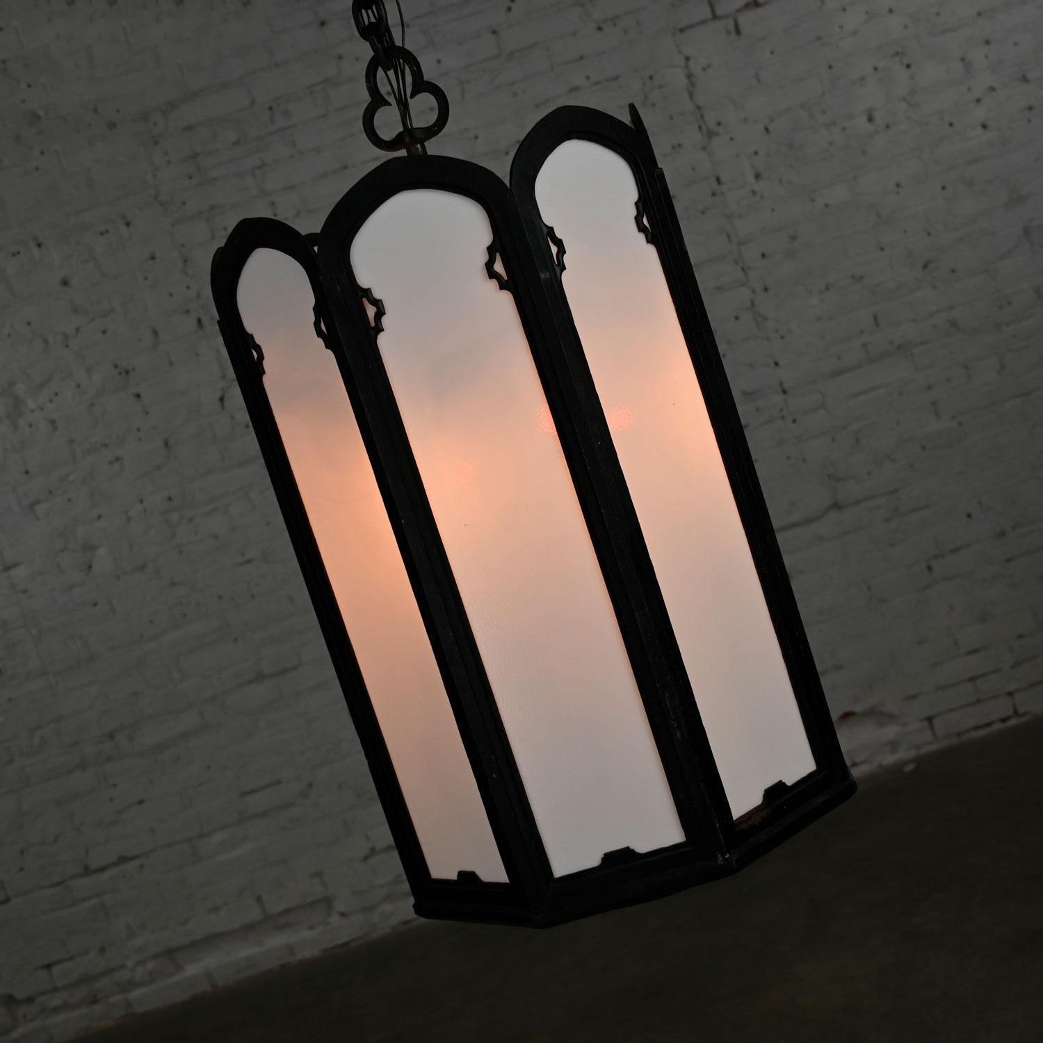 20th Century Large Vintage Gothic or Art Deco Black Wrought Iron & White Milk Glass Lights For Sale