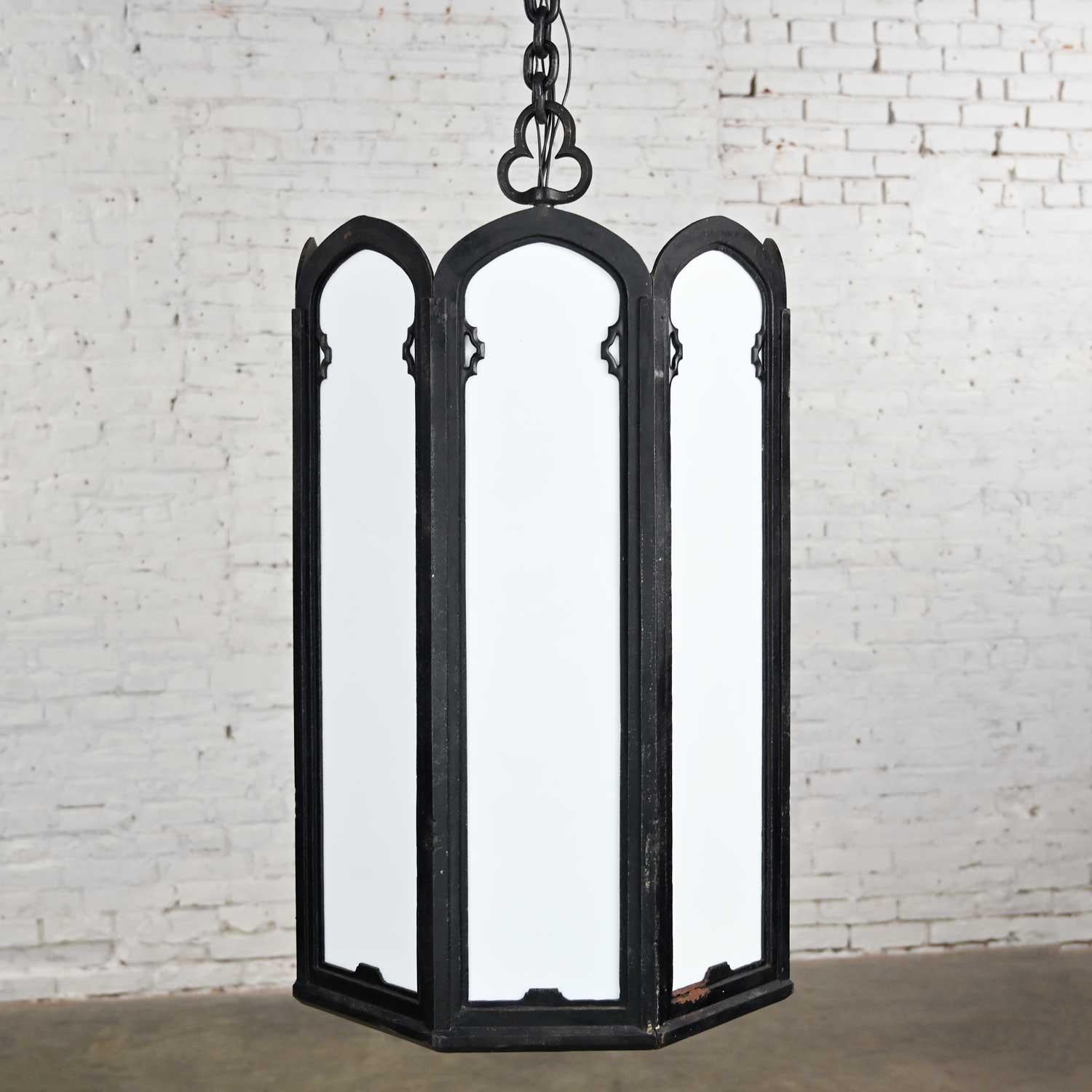 Large Vintage Gothic or Art Deco Black Wrought Iron & White Milk Glass Lights For Sale 1