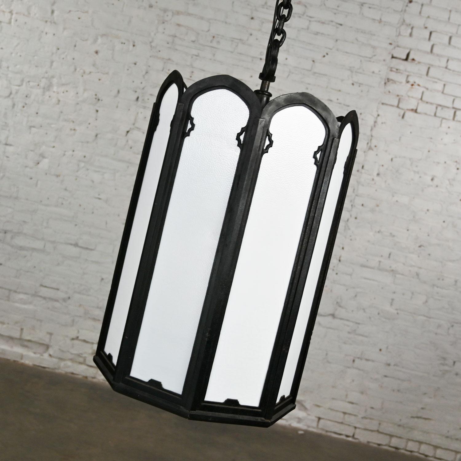 Large Vintage Gothic or Art Deco Black Wrought Iron & White Milk Glass Lights For Sale 2
