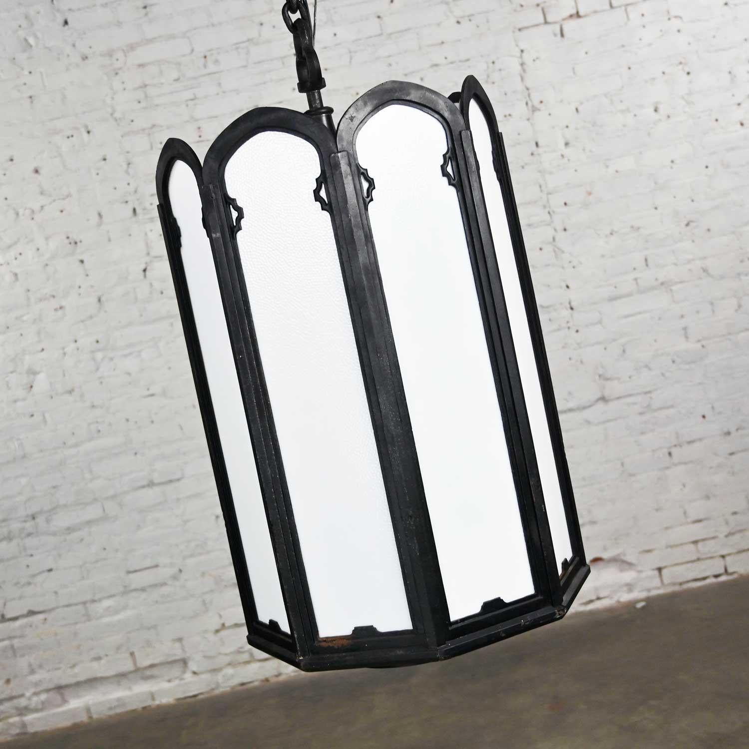 Large Vintage Gothic or Art Deco Black Wrought Iron & White Milk Glass Lights For Sale 3