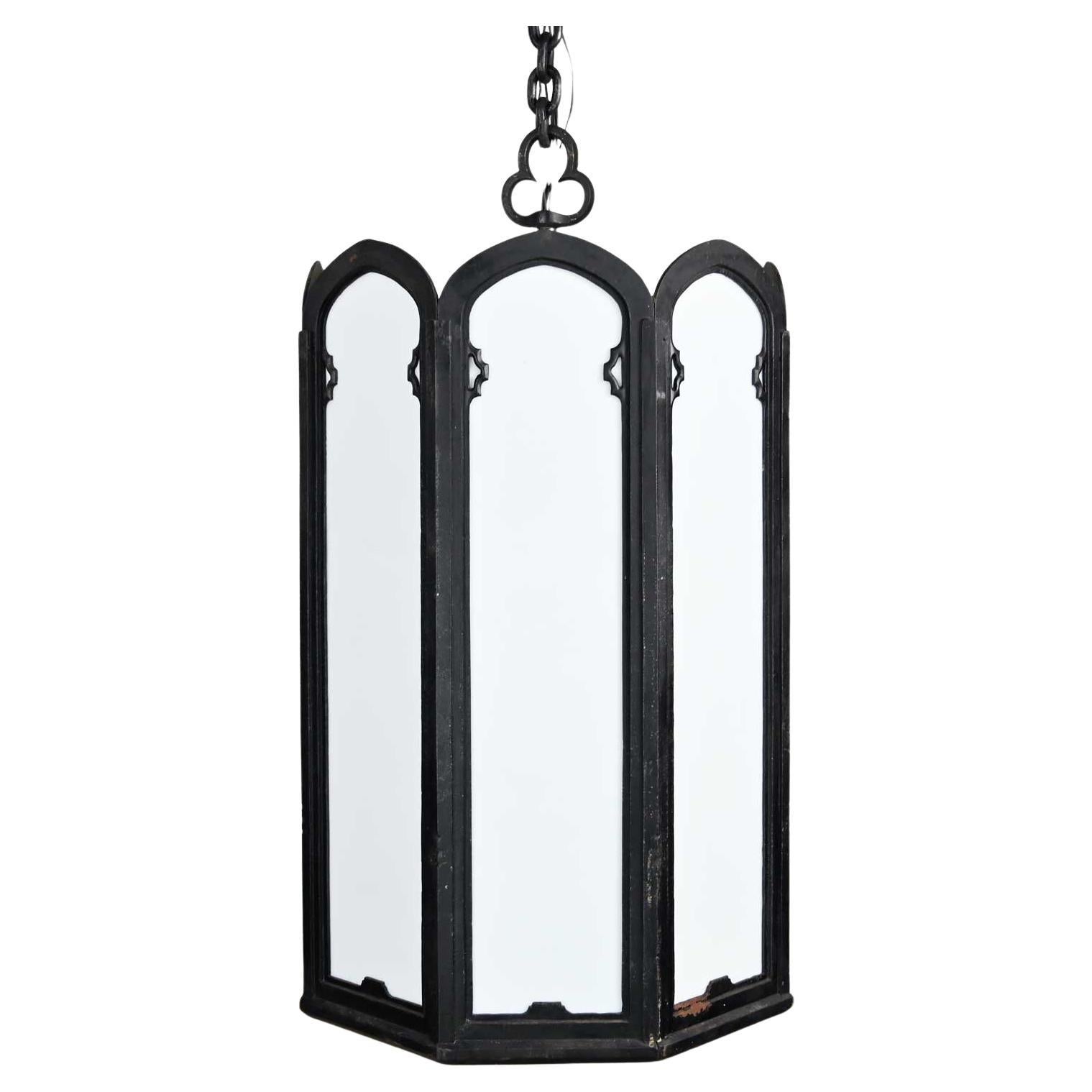 Large Vintage Gothic or Art Deco Black Wrought Iron & White Milk Glass Lights For Sale