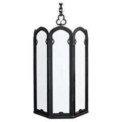 4 Large Vintage Gothic or Art Deco Black Wrought Iron & White Milk Glass Lights