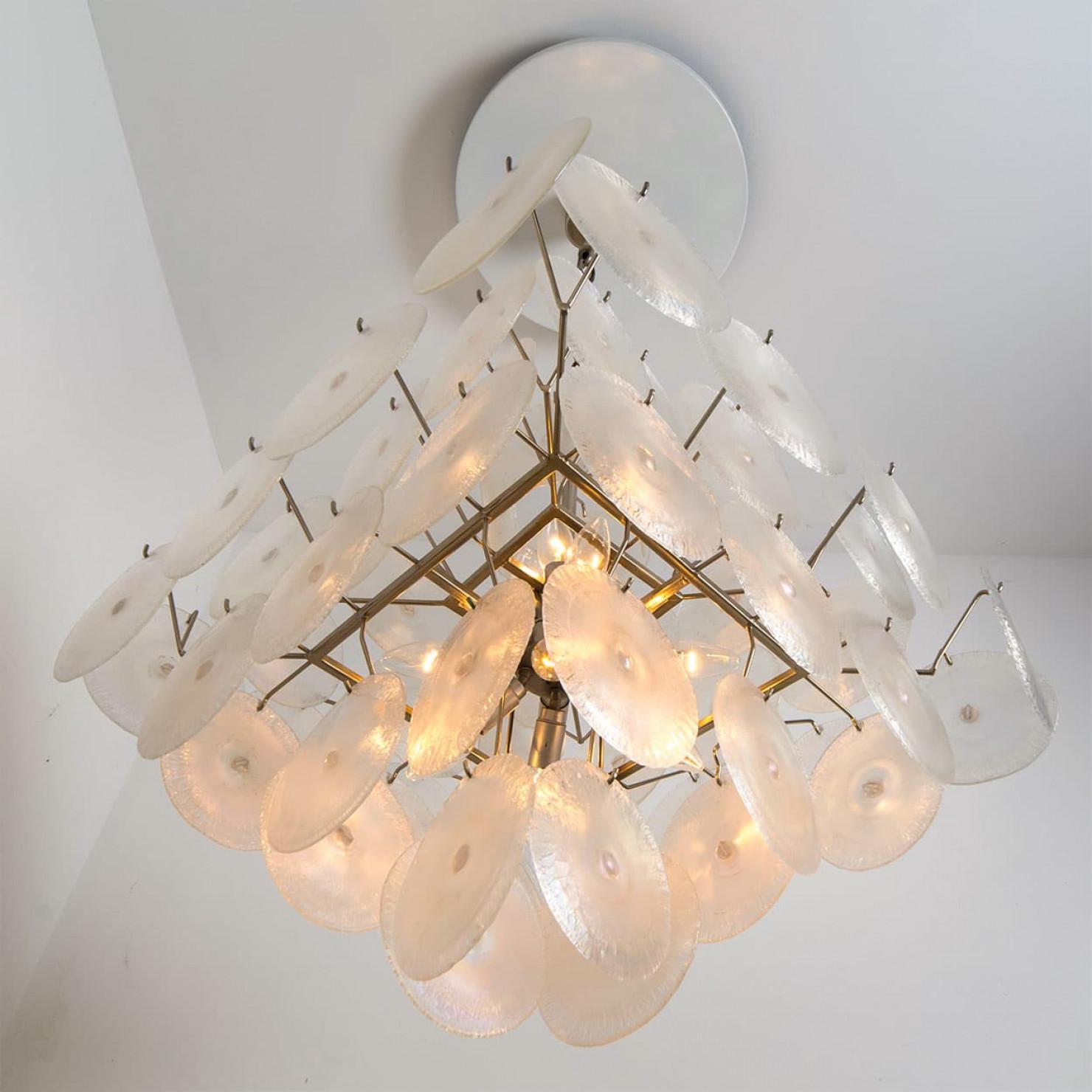 4 Layered Square Oiled Glass discs Chandelier by Nason for Vistosi, Italy For Sale 4