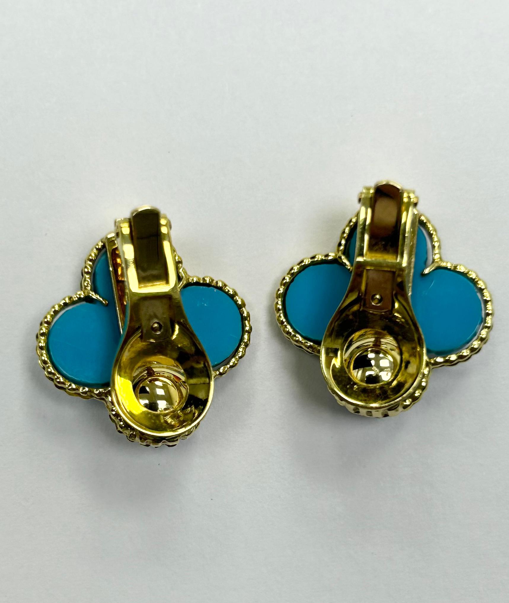 Women's 4 Leaf Clover 18k YG Turquoise Diamond Ear Clip Earrings For Sale