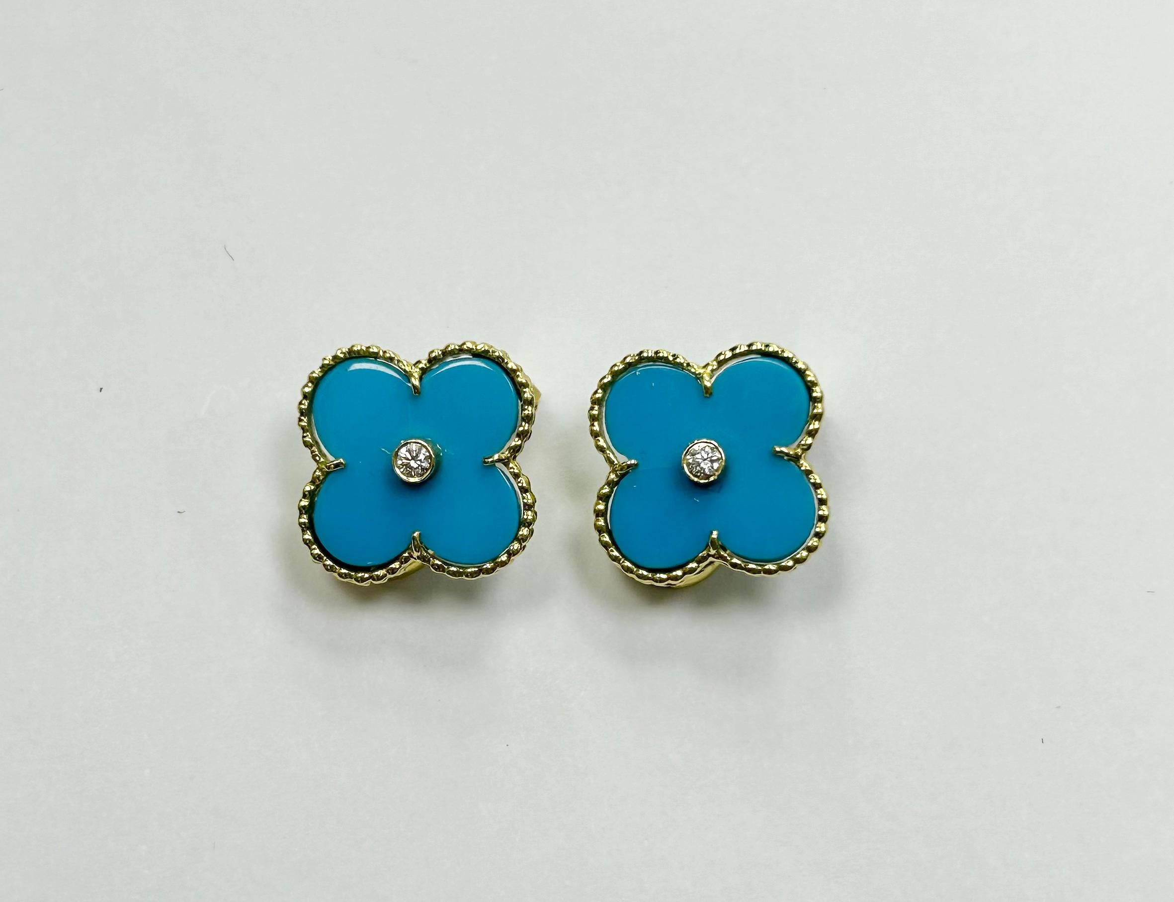 4 Leaf Clover 18k YG Turquoise Diamond Ear Clip Earrings For Sale 1
