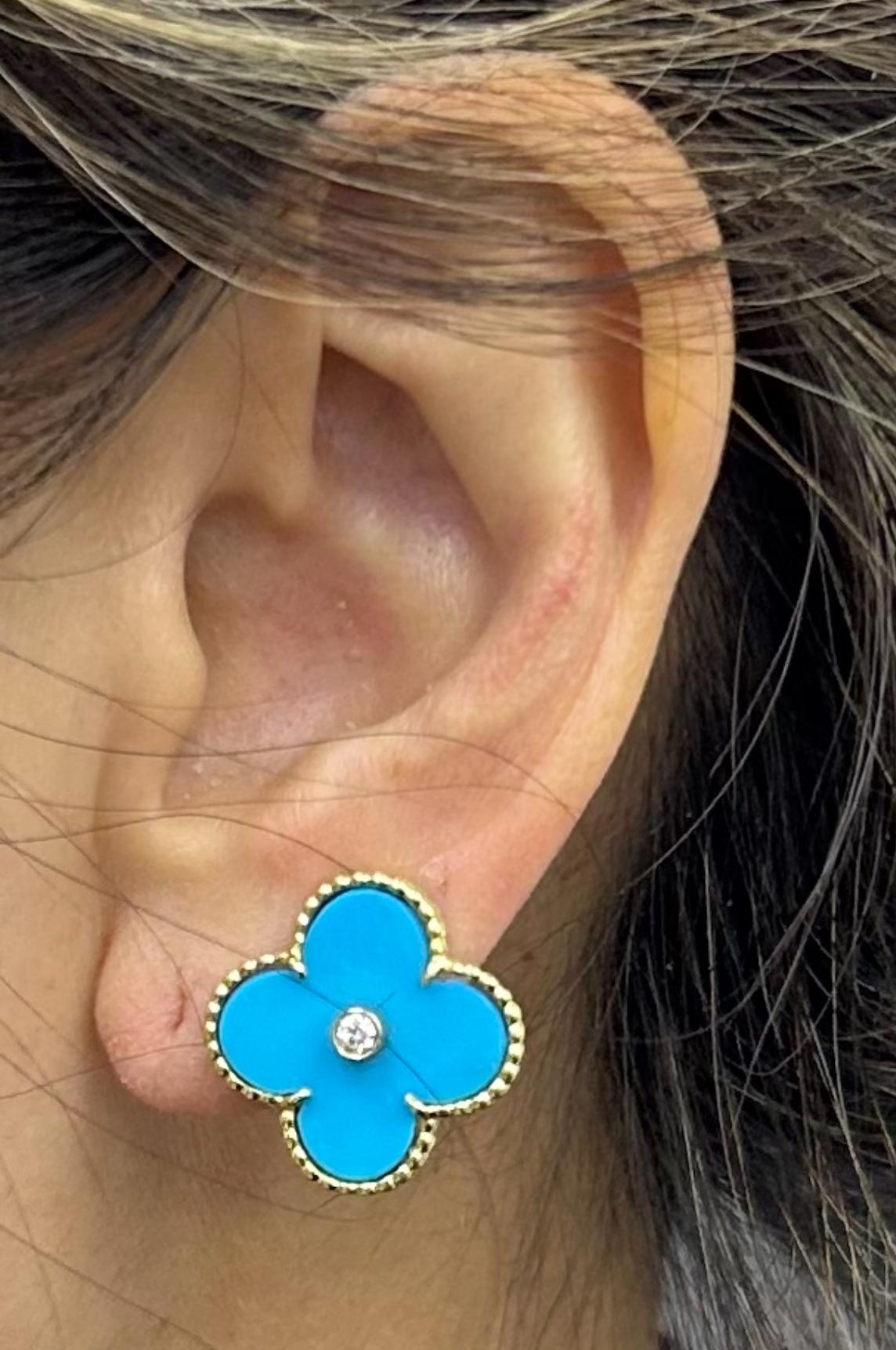 4 Leaf Clover 18k YG Turquoise Diamond Ear Clip Earrings For Sale 3