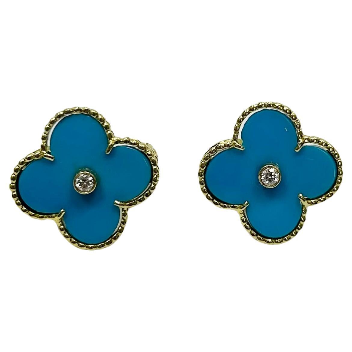 4 Leaf Clover 18k YG Turquoise Diamond Ear Clip Earrings