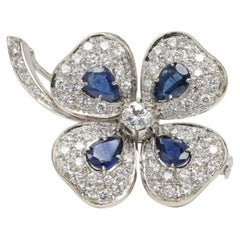 4 Leaf clover Brooch 18k White Gold with Diamonds and Sapphires