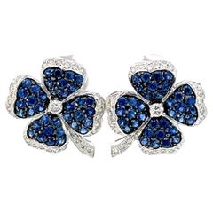 4 Leaf Clover Earring with Blue Sapphire and Diamonds in 18 Karat White Gold