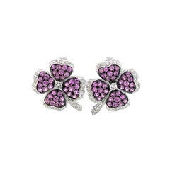 4 Leaf Clover Earring with Pink Sapphires and Diamonds in 18 Karat White Gold