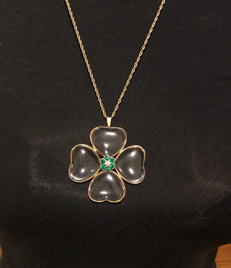 Emerald Cut 4-Leaf Clover Emerald Diamond Rock Crystal Gold Pendant