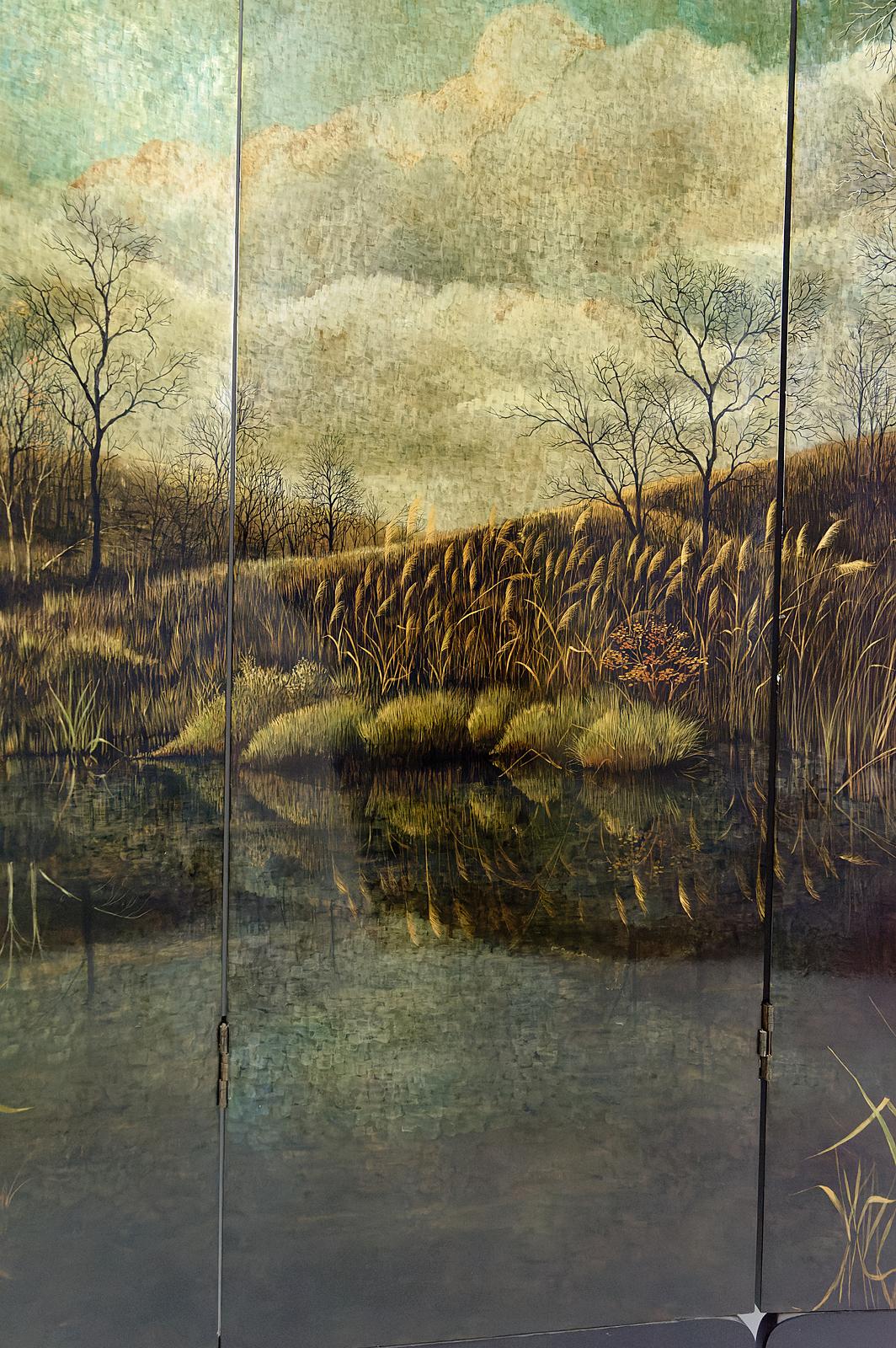 4-Leaf Screen with Lacquered Landscape by Bernard Cuenin, circa 1970 For Sale 3