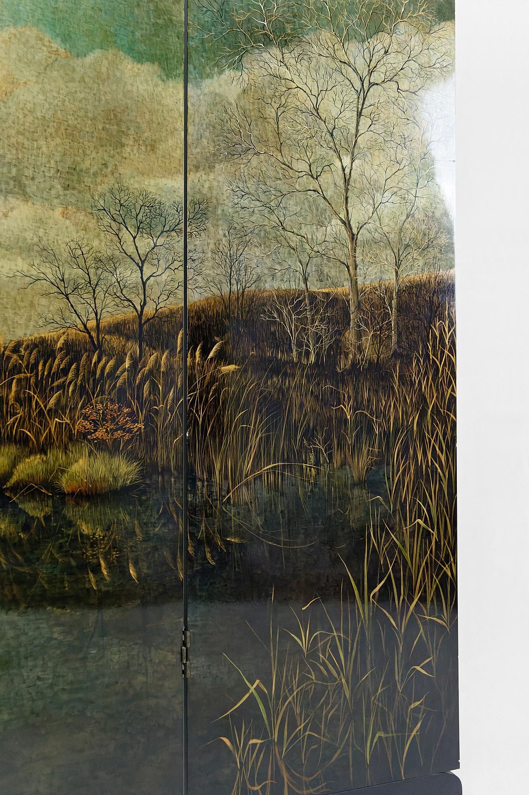 4-Leaf Screen with Lacquered Landscape by Bernard Cuenin, circa 1970 For Sale 4