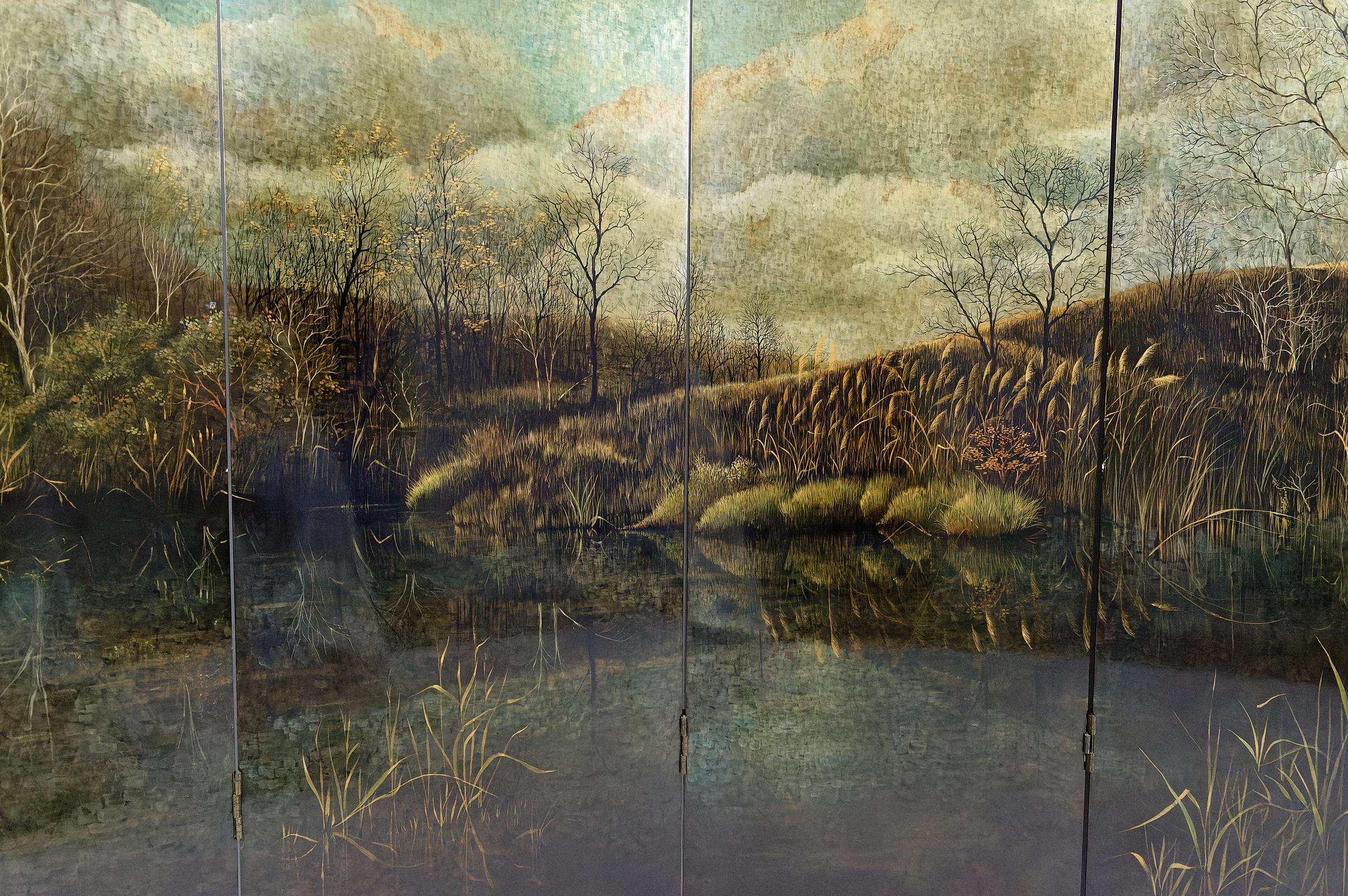 4-Leaf Screen with Lacquered Landscape by Bernard Cuenin, circa 1970 For Sale 5